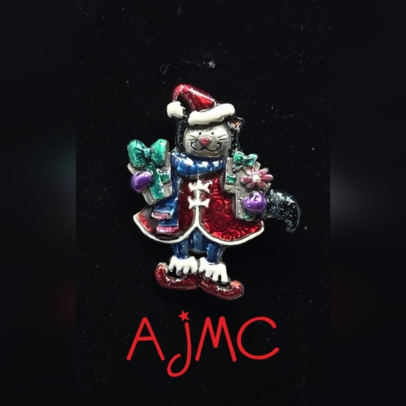 AMJC Pin Brooch Christmas Cat Gifts Santa Hat Happy Pewter-Enamel Holiday Gift - Picture 1 of 10